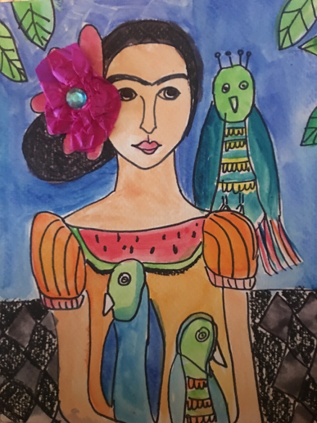 Drawing of Frida Kahlo with parrots