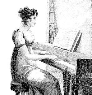 drawing of Jane Austen at piano