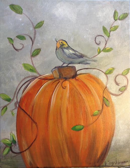 Bird on pumpkin painting