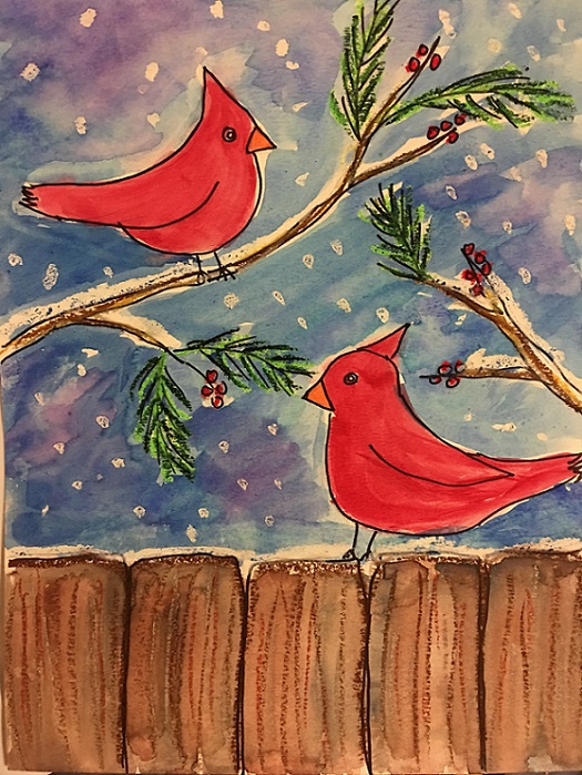 Drawing of two cardinals on a fence 