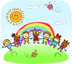 Children dancing in front of rainbow