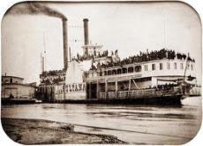 Black & white Photograph of the Sultana side-wheel steamboat.