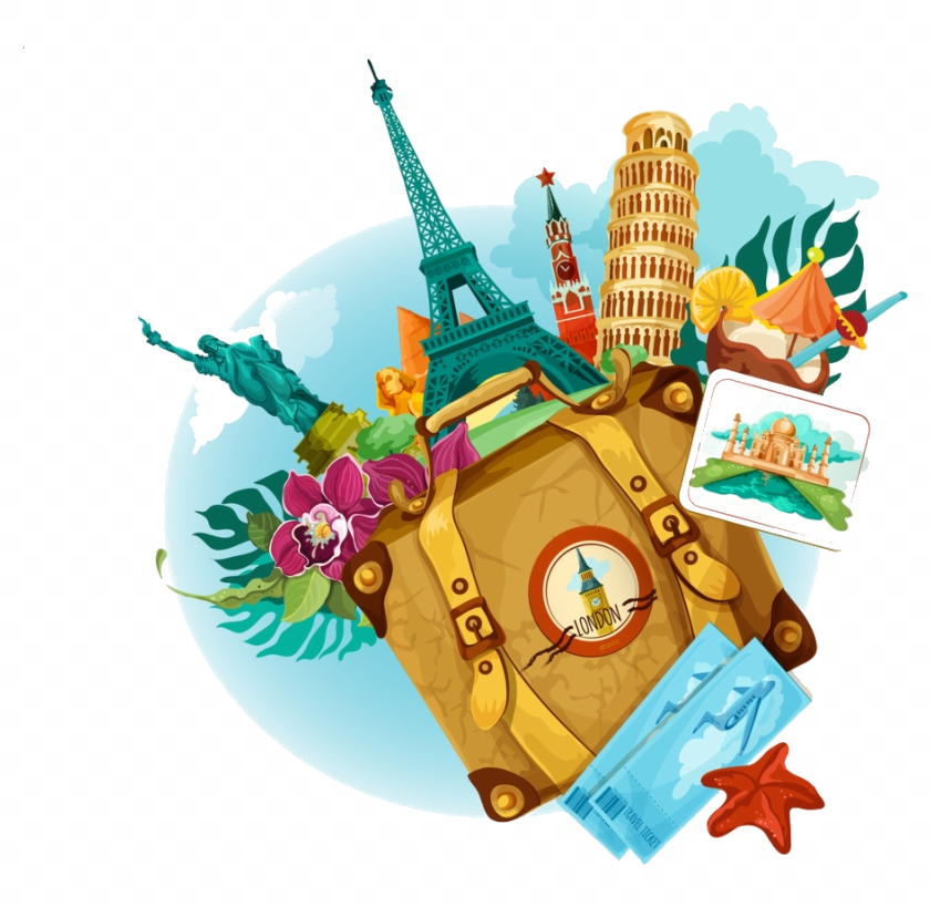 Clipart featuring suitcase, landmarks