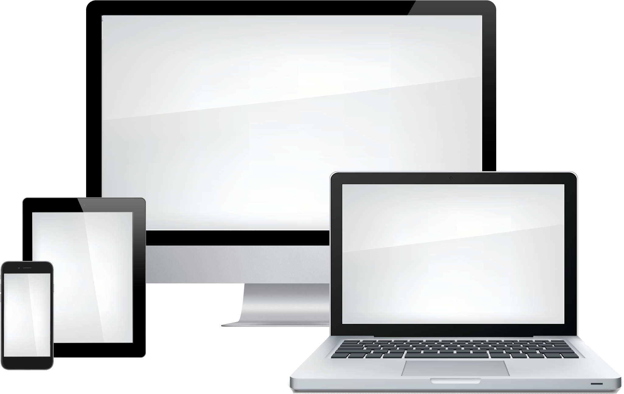 image of a phone, tablet, computer, and laptop with blank screens