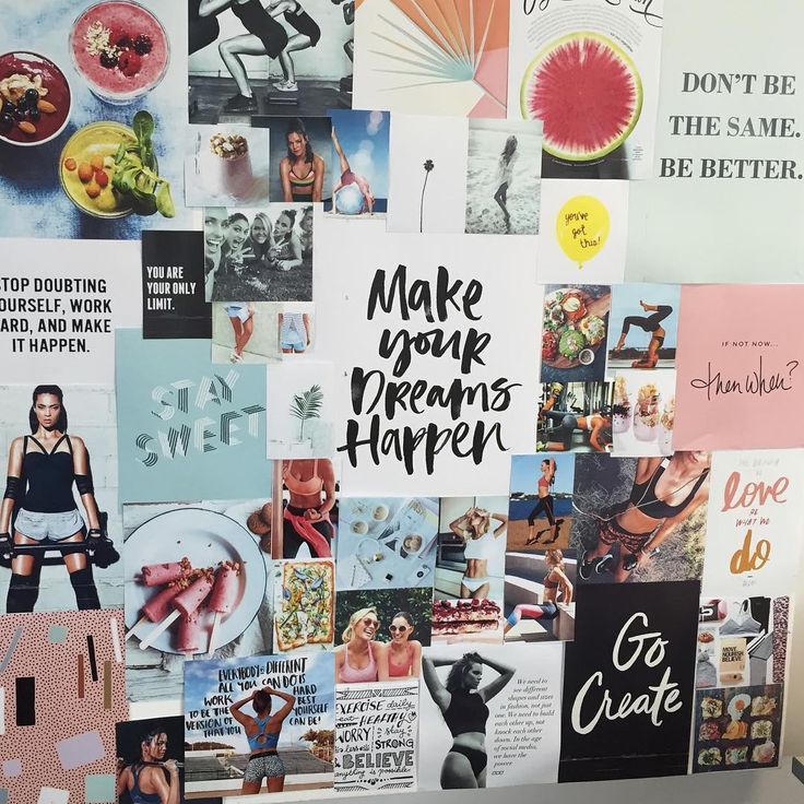 A photo of a vision board that features words and pictures.