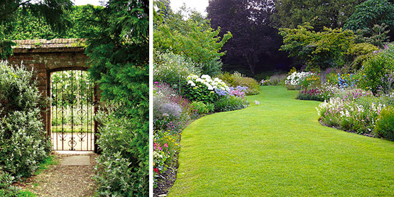 Two photos, one of a garden gate and the other of a sweeping lawn at Highclere Castle.