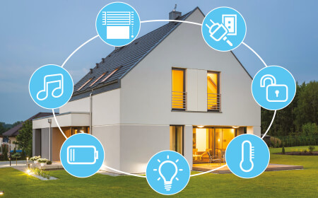 Photo of a house overlaid with a graphic with icons for heating, lighting, music, security, etc.