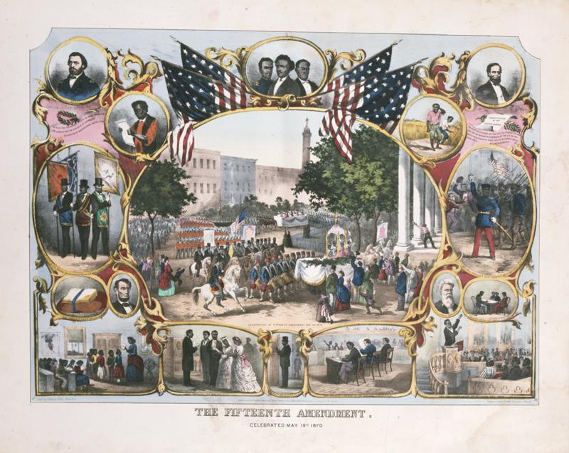 Celebrating the Fifteenth Amendment which guaranteed African American men the right to vote, 1870. Print by Thomas Kelly. New-York Historical Society Library.