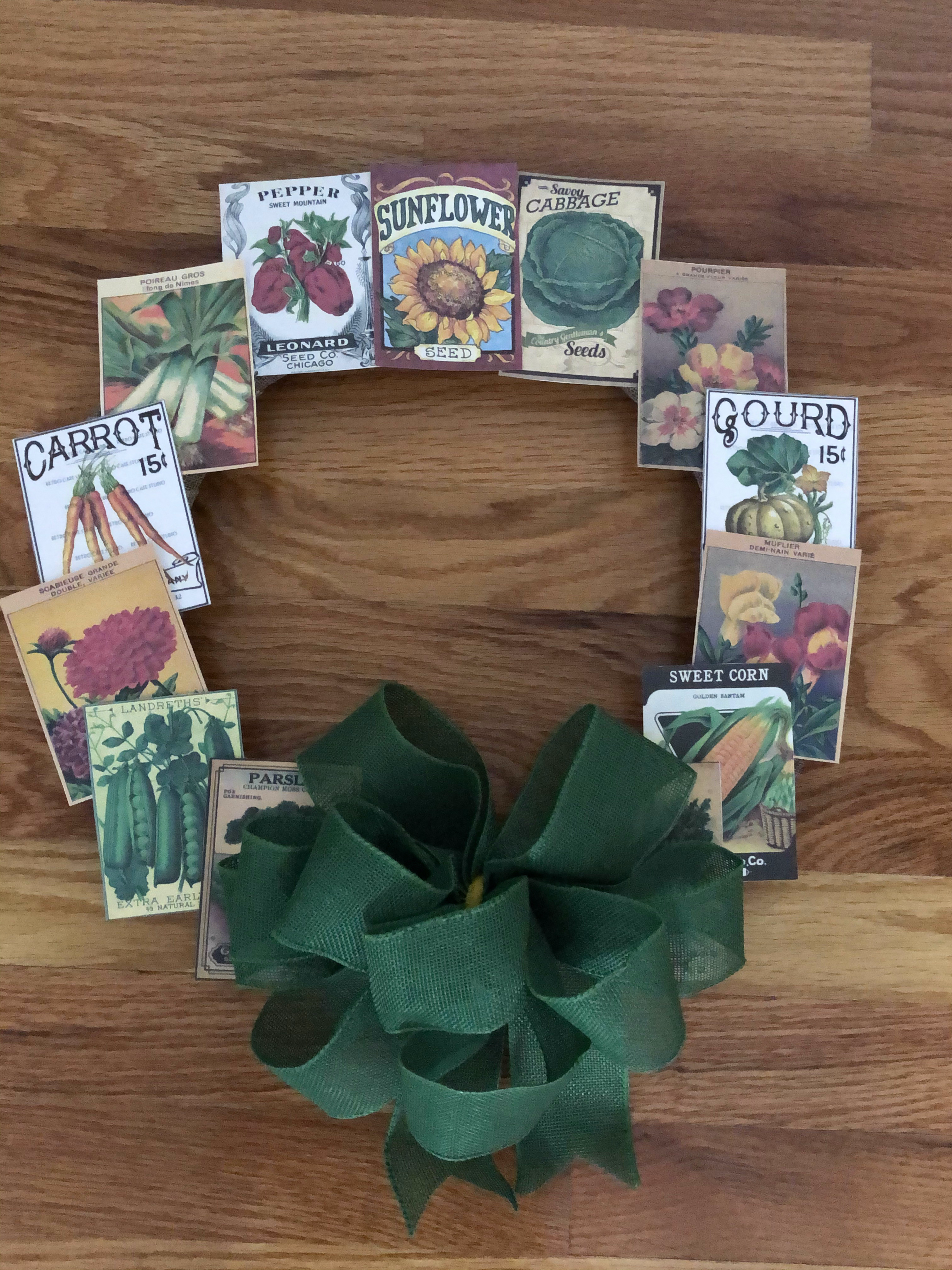 Photo of a wreath made from seed packets.