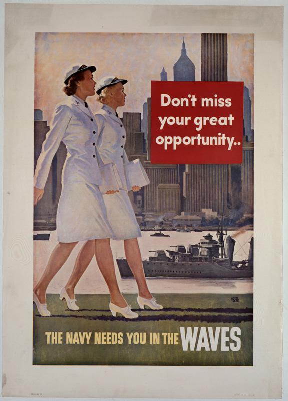 A lithograph of a poster featuring two women in uniform and encouraging participating in the Navy Waves.