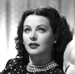 Black and white head shot of Hedy Lamarr.