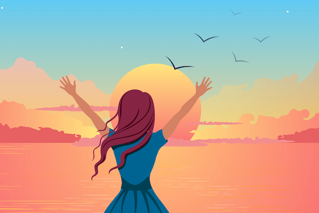 Graphic of a woman holding her arms in the air before a rising sun.