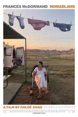 An image of the movie poster for Nomadland, featuring Frances McDormand's character in a lawn chair with laundry strung on the line overhead.