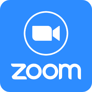 Graphic of the logo for Zoom, which features a white video camera icon on a blue background.