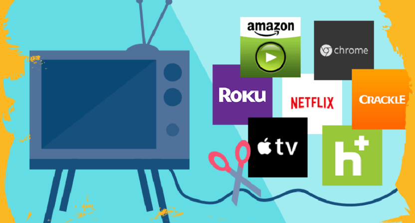 A graphic featuring the logos of various streaming services that can be viewed through a TV.