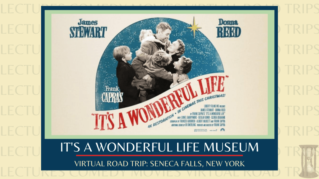 A graphic from the movie poster for It's A Wonderful Life, featuring a photo of Donna Reed, Jimmy Stewart and four child actors.