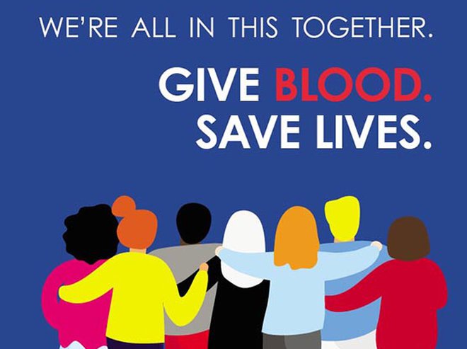 A graphic featuring people with their arms around each other and the words "We're all in this together. Give Blood, save lives."