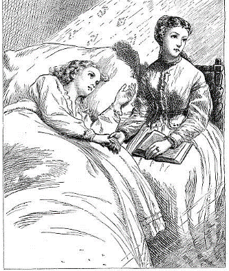 A line drawing of a women lying in a bed being tended to by another woman. They are wearing 18th century attire.