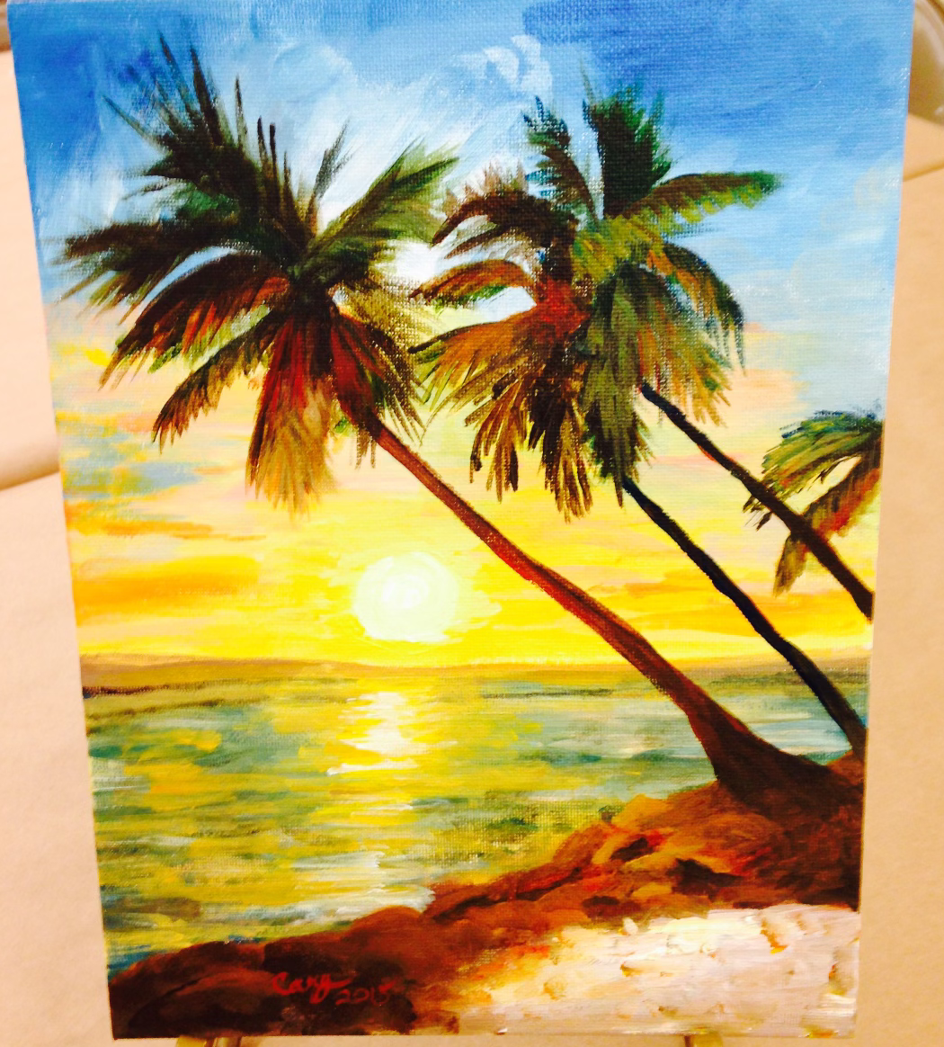 A painting featuring a beach and palm trees in the foreground and the sun setting over the ocean in the background.
