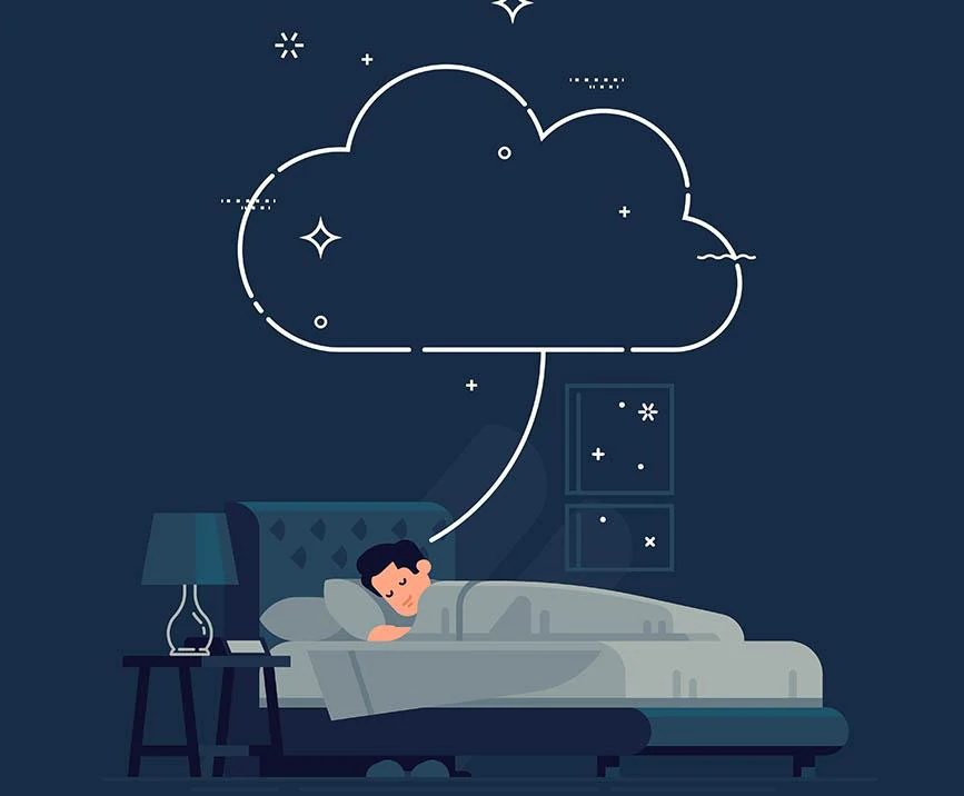 Graphic of a man sleeping in bed with a cloud bubble over his head representing what he is dreaming.