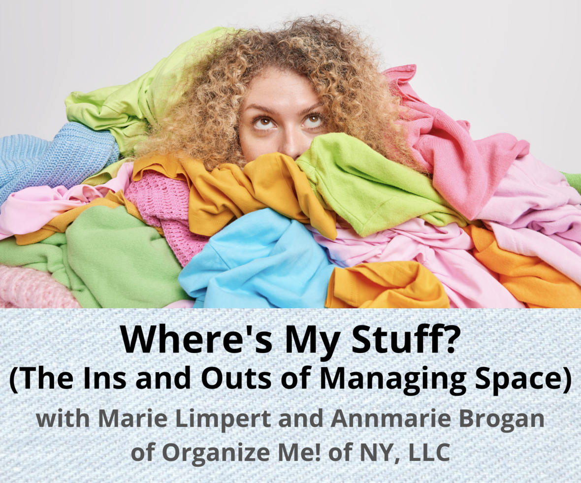 A graphic announcing the Where's My Stuff program featuring a woman buried in a pile of sweaters.