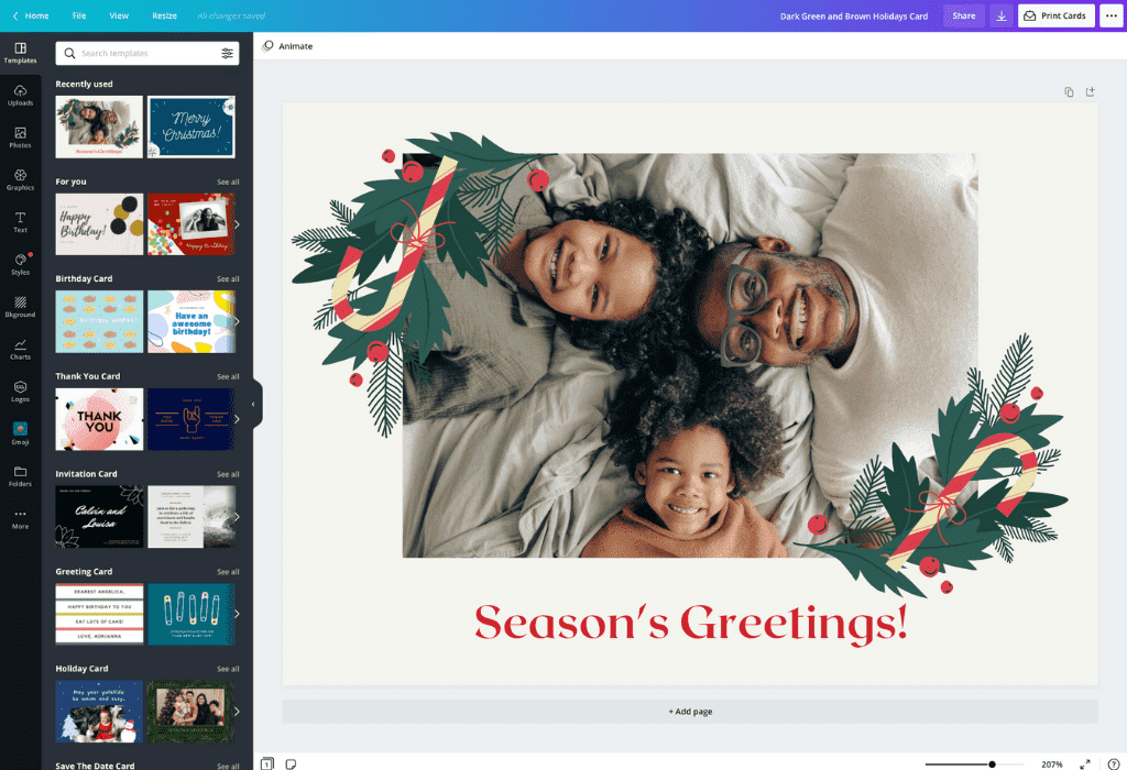 A screen shot of the Canva app being used to create a holiday greeting card.