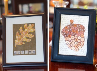 Two framed pieces of artwork featuring a leaf and an acorn created from buttons.