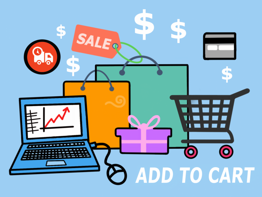 a graphic showing shopping bags and a shopping cart next to a laptop computer and the words Add to Cart.