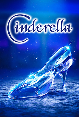 A graphic for the play Cinderella with a blue background and the image of a glass slipper.