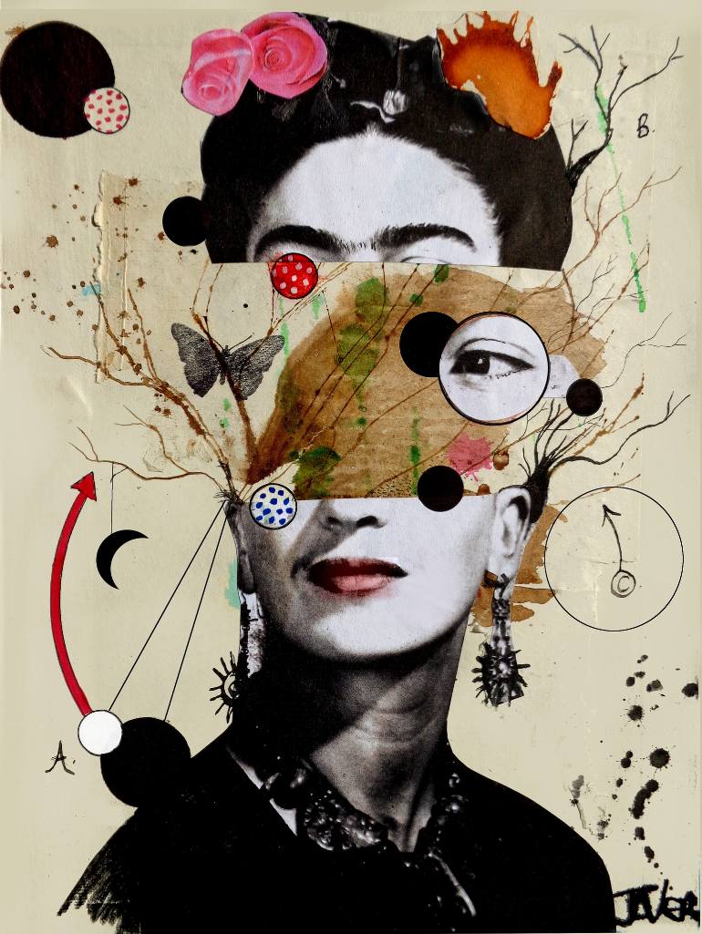 An abstract portrait of Frida Kahlo made using the technique of collage.