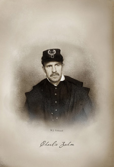 A photo, designed to look antique, of Charlie Zahm as Captain James Haggerty, dressed in Civil War era attire.