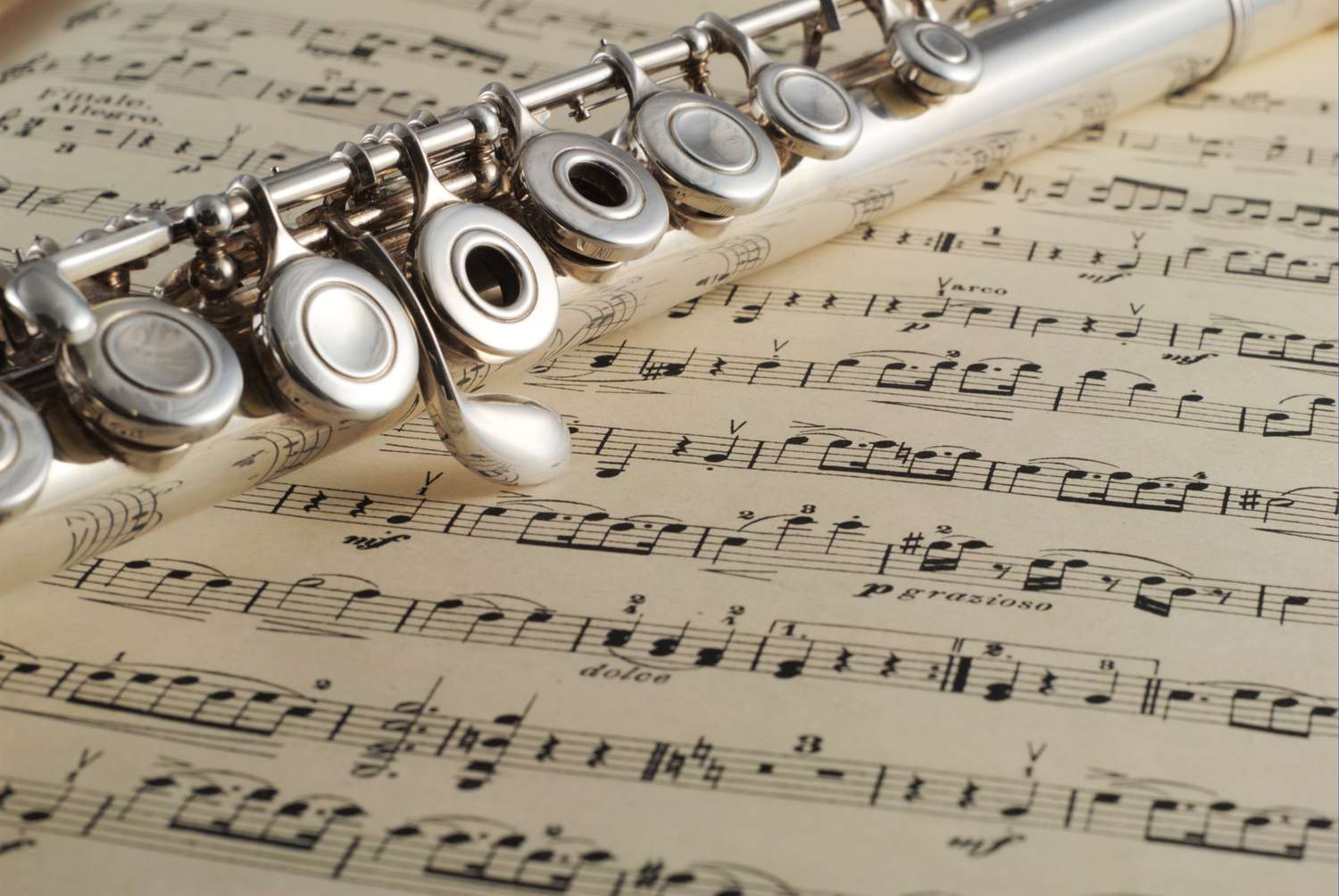 A photo of sheet music with a silver flute laying on top.