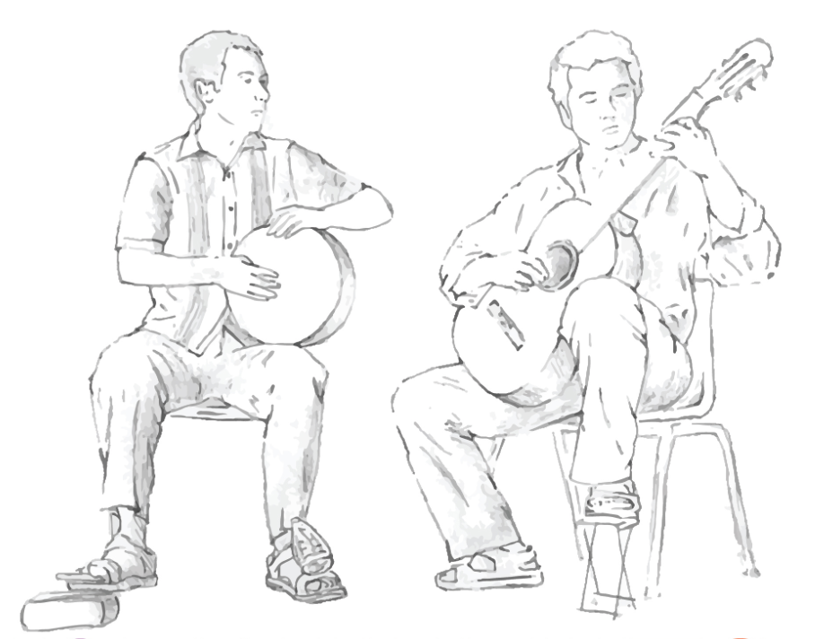 A line drawing of two men, one playing guitar and the other playing a round percussion instrument.