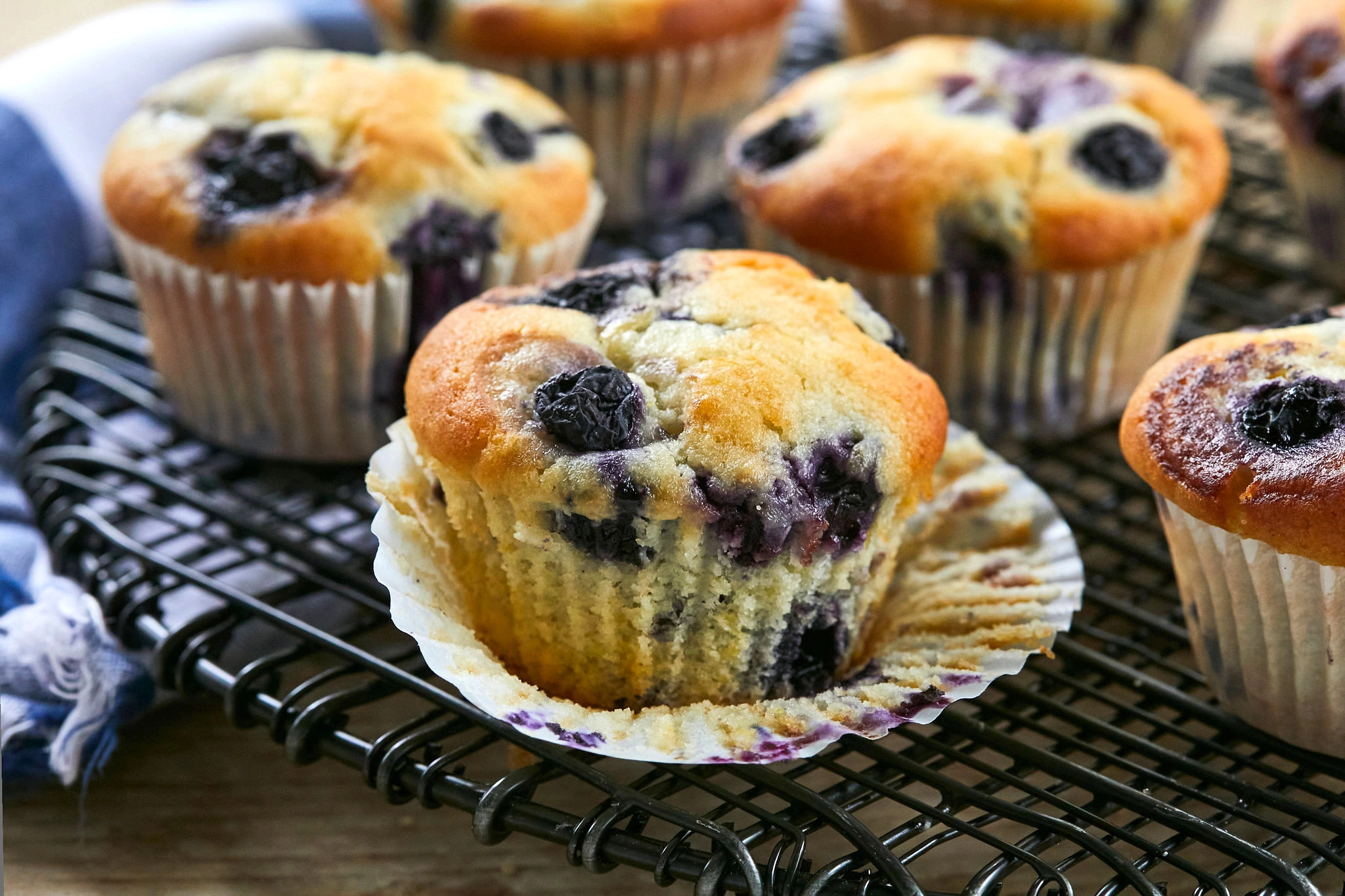 A color photo of several blueberry muffins in paper wrappers.