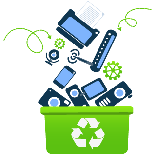 A graphic featuring a green recycling bin with various electronics falling into it.