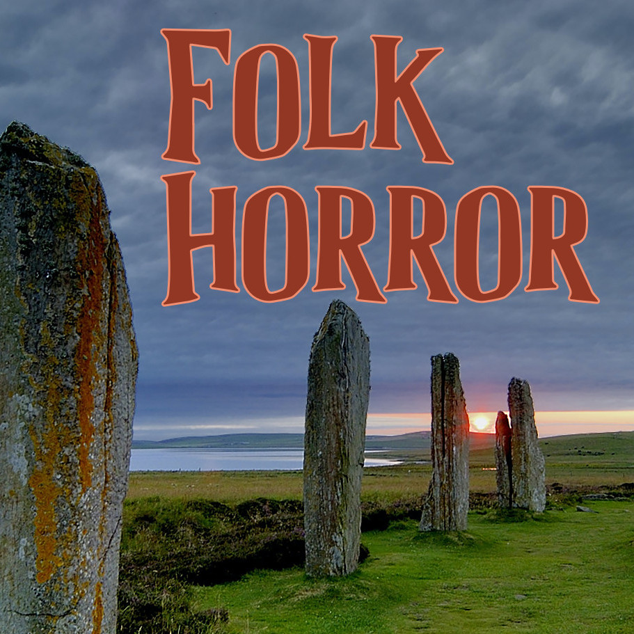 A graphic with the words Folk Horror in red over a background of a remote graveyard.