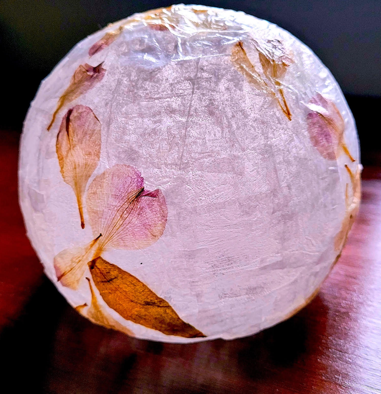 A color photo of a pink spherical botanical lantern.
