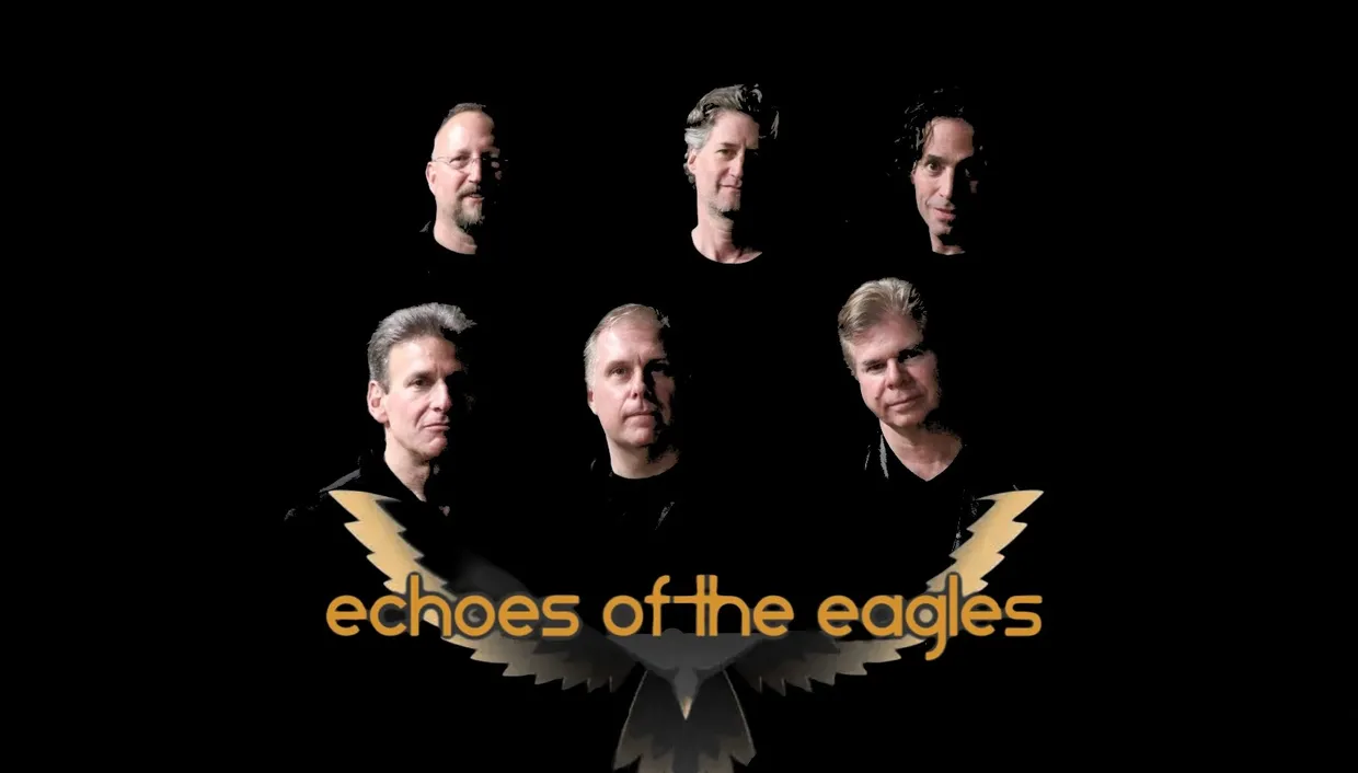 A graphic features the band members of Echoes of the Eagles.