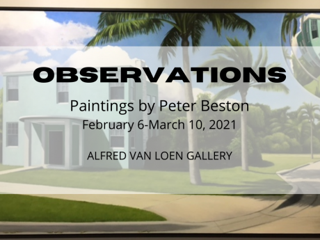 A graphic announcing the Observations exhibit, featuring paintings by Peter Beston.