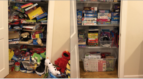 Before and after photos of a messy toy closet and an organized toy closet.