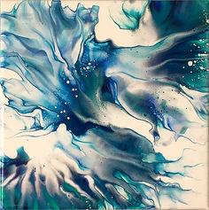 A color photo of an abstract painting created by pouring and manipulating acrylic paint. This one features shades of blue.