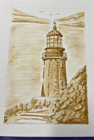 A sepia-toned painting of a lighthouse that was created using coffee.