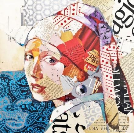 An image of collage art layered to look like the painting, Girl With a Pearl Earring.