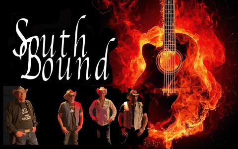 A graphic featuring a photo of the members of the band SouthBound next to a flaming guitar.