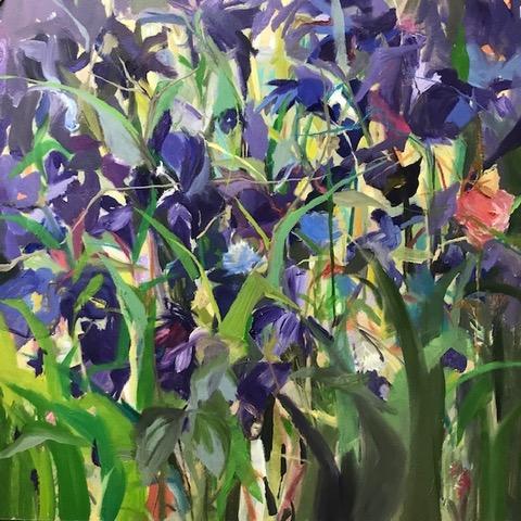 An abstract painting of flowers with shades of blue, purple and green. The painting is by Deborah Katz.