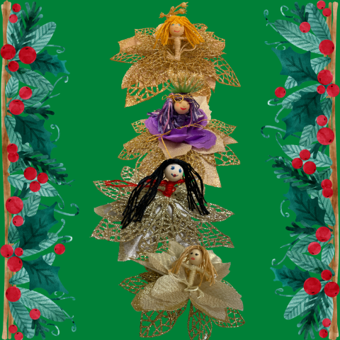 A color photo of Christmas flower fairies on a green background with a holly border.