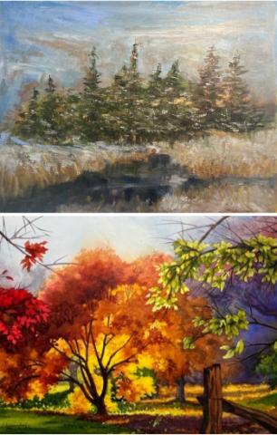 A graphic featuring two paintings of trees, one by Janet Fink and the other by Nancy Wernersbach.