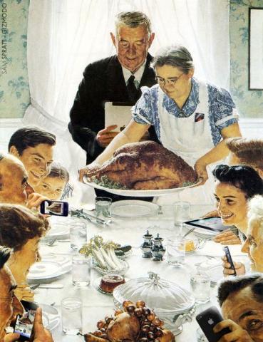 An image of Norman Rockwell's famous painting depicting a family around the Thanksgiving table, with the grandmother holding the turkey on a platter.