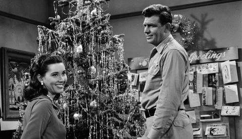 A black and white still photo from the Andy Griffith Show holiday episode.