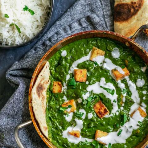 A photo of a pan of Spinach and Tofu Curry.
